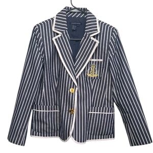 Boston Proper Navy striped two Gold buttons 3 pockets Women's Blazer Size 10